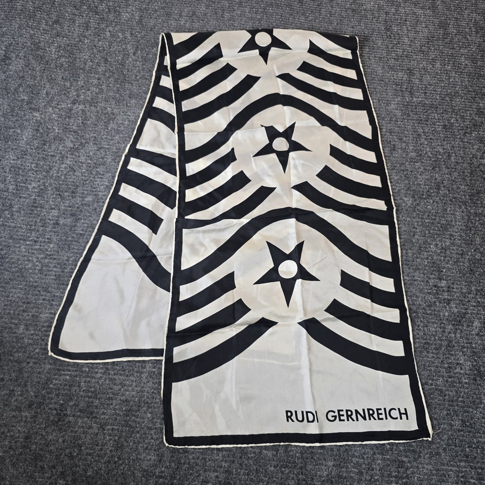 VTG 1960s Rudi Gernreich Silk Scarf Black White Op Art Mod Hand Rolled Japan